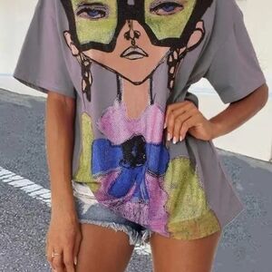 Gray Rhinestone Graphic Women's Top